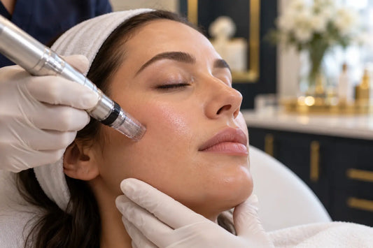 Close-up of a microneedling pen treating a patient's cheek to stimulate collagen production.