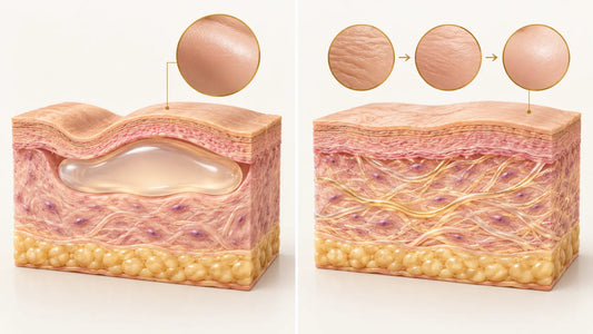 Illustration contrasting filler adding instant volume with a biostimulator building new collagen over time.