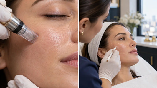 Side-by-side comparison of a microneedling pen on cheek skin and a practitioner marking a patient's face for Sculptra injections.