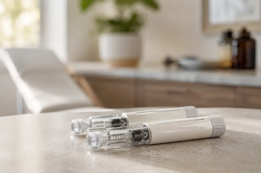 Two weekly GLP-1 weight-loss injection pens on a clean clinical surface